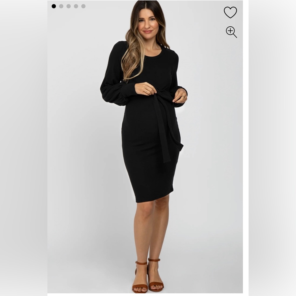 Black Soft Brushed Waist Tie Bubble Sleeve Maternity Dress